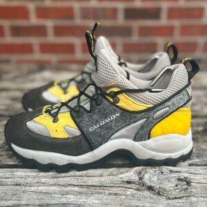 Vntg Salomon Contagrip Raid Runner Hiking Trail Runners Boots Yellow Gray Sz 10